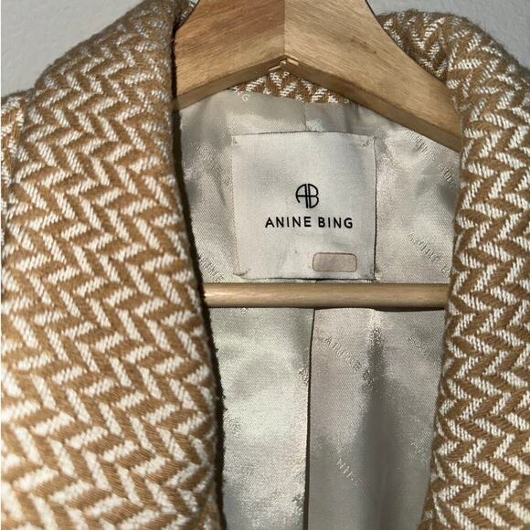 Anine Bing Oversized Fishbone Blazer Tan/White Herringbone Print Size Large - Picture 4 of 10